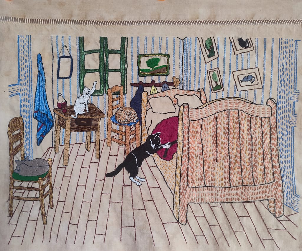 broderie à l'aiguille reproduction de "La chambre de Van Gogh avec des chats